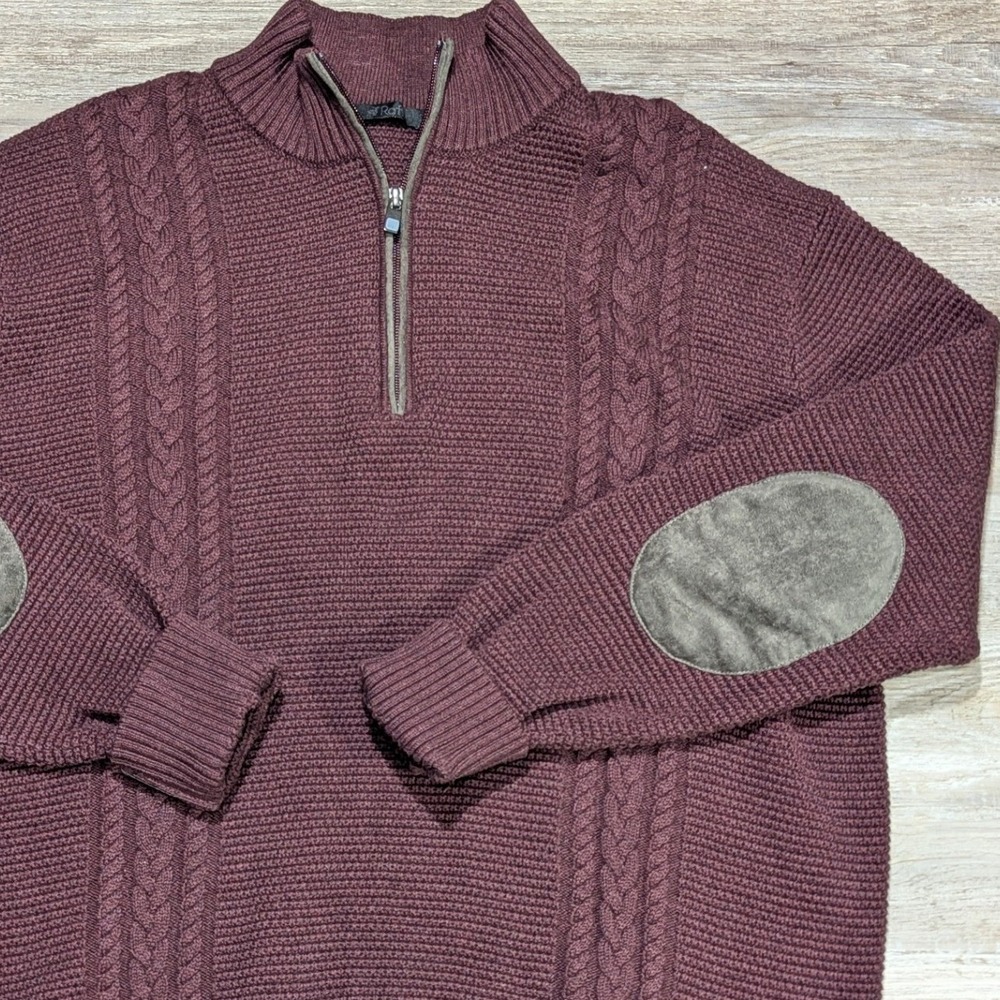 Raffi Burgundy Cable Knit‎ Quarter Zip Sweater Mens Size XL Suede Elbow Patches